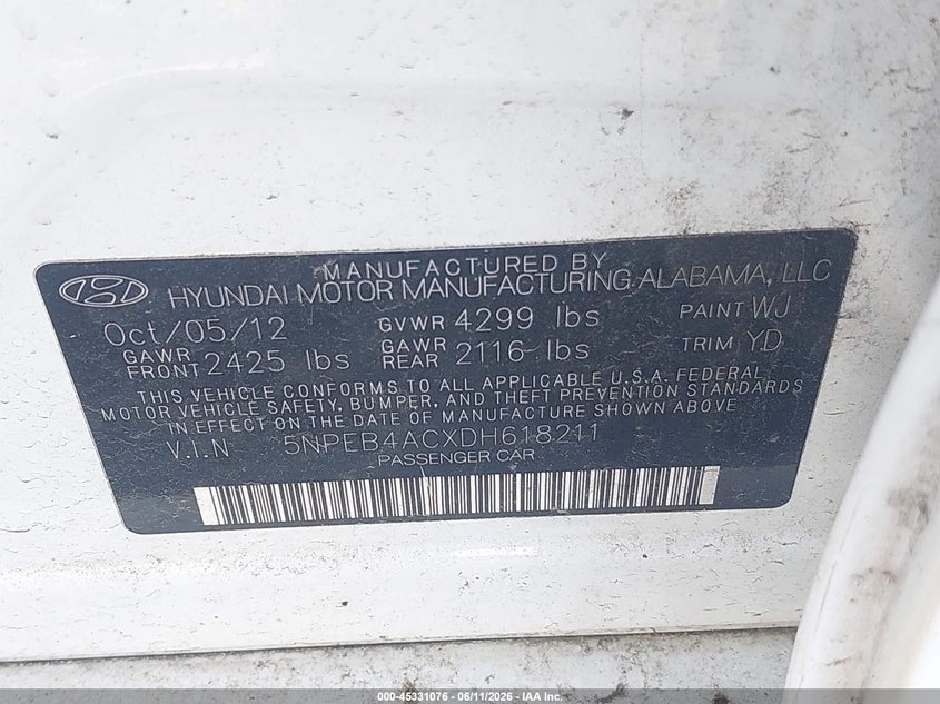 2013 Hyundai Sonata VIN 5NPEB4ACXDH618211 IAAI salvage auction — NORMAL WEAR, Clear (Delaware), sold $700 on 2026-07-30 (photo 9)