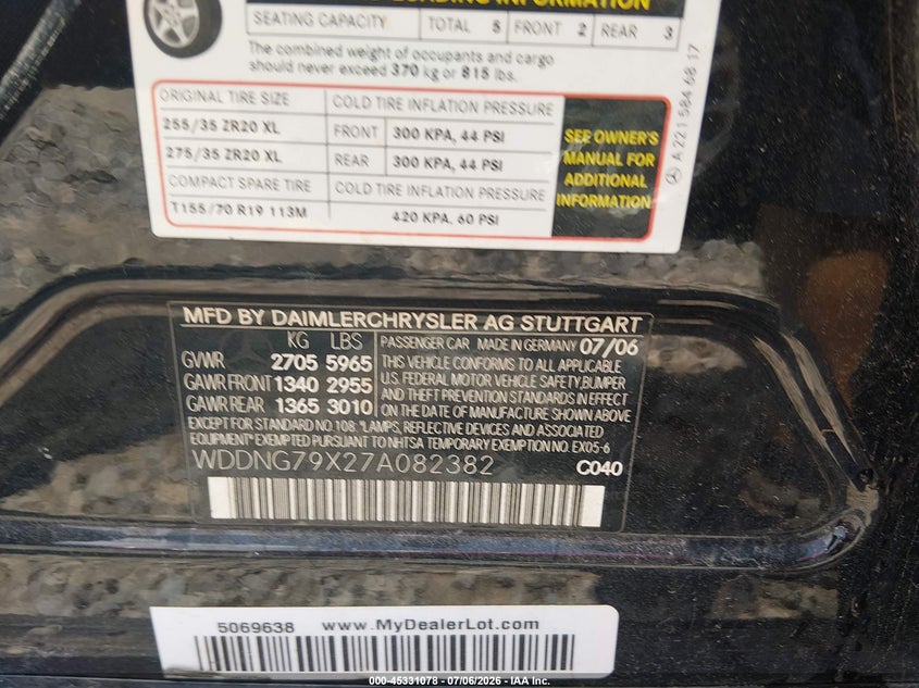 2007 Mercedes-benz S class VIN WDDNG79X27A082382 IAAI salvage auction — NORMAL WEAR, Clear (Tennessee), sold $5,000 on 2026-08-13 (photo 9)
