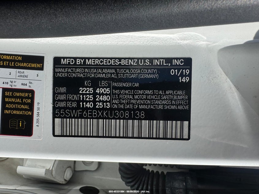 2019 Mercedes-benz VIN 55SWF6EBXKU308138 IAAI salvage auction — UNKNOWN, Salvage Title, sold $7,725 on 2026-07-19 (photo 9)