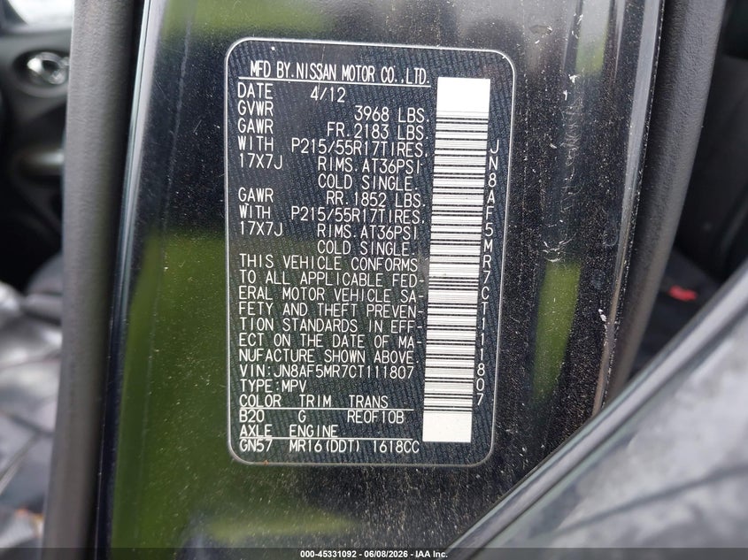 2012 Nissan Juke VIN JN8AF5MR7CT111807 IAAI salvage auction — FRONT & REAR, Original (Texas), sold $250 on 2026-07-08 (photo 9)