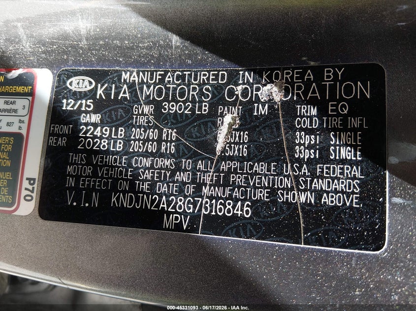 2016 Kia Soul VIN KNDJN2A28G7316846 IAAI salvage auction — LEFT & RIGHT, Repossession Paperwork (South Carolina), sold $175 on 2026-07-22 (photo 9)