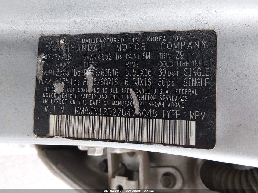 2007 Hyundai Tucson VIN KM8JN12D27U476048 IAAI salvage auction — FRONT & REAR, Repossession Paperwork (South Carolina), sold $225 on 2026-07-08 (photo 9)