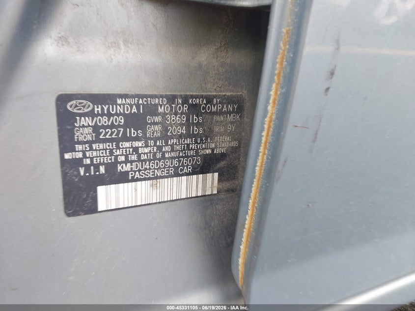 2009 Hyundai Elantra VIN KMHDU46D69U676073 IAAI salvage auction — NORMAL WEAR, Repossession Paperwork (South Carolina), sold $375 on 2026-07-15 (photo 9)