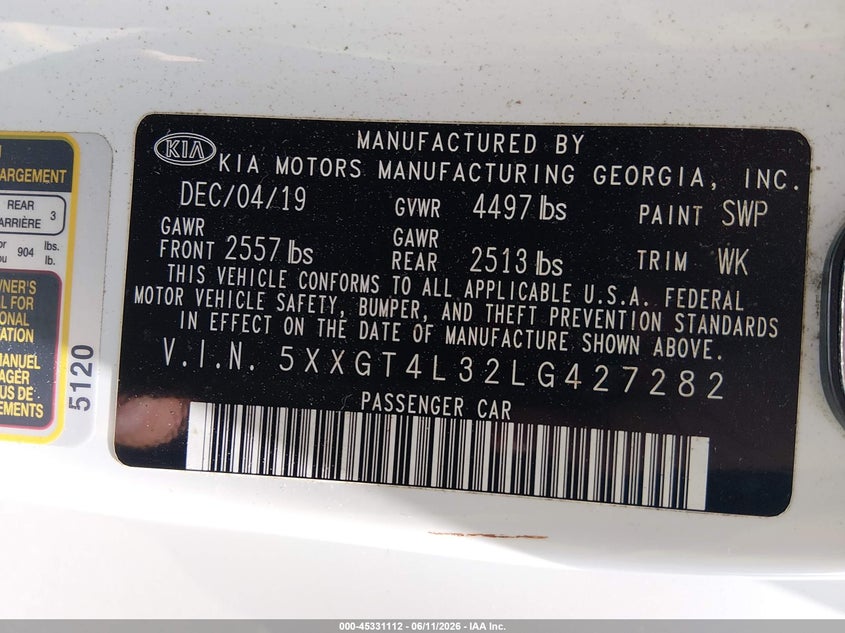 2020 Kia Optima VIN 5XXGT4L32LG427282 IAAI salvage auction — FRONT END, Repossession Paperwork (South Carolina), sold $5,200 on 2026-07-15 (photo 9)