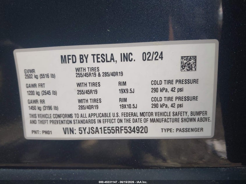2024 Tesla Model s VIN 5YJSA1E55RF534920 IAAI salvage auction — FRONT & REAR, Salvage (Massachusetts), sold $19,050 on 2026-07-24 (photo 9)