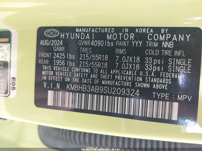 2025 Hyundai Kona VIN KM8HB3AB9SU209324 IAAI salvage auction — FRONT END, Salvage (Indiana), sold $5,100 on 2026-07-22 (photo 9)