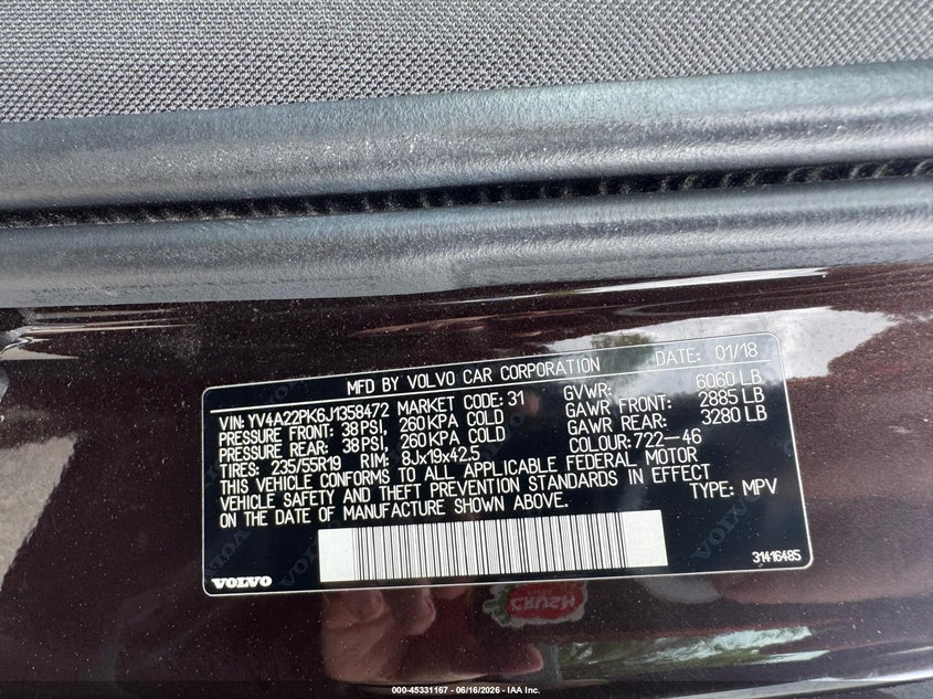 2018 Volvo Xc90 VIN YV4A22PK6J1358472 IAAI salvage auction — UNKNOWN, Clear (Connecticut), sold $4,950 on 2026-07-19 (photo 9)