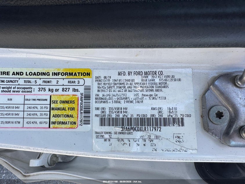 2020 Ford Fusion VIN 3FA6P0CDXLR117972 IAAI salvage auction — UNKNOWN, Clear (Indiana), sold $2,150 on 2026-07-18 (photo 9)