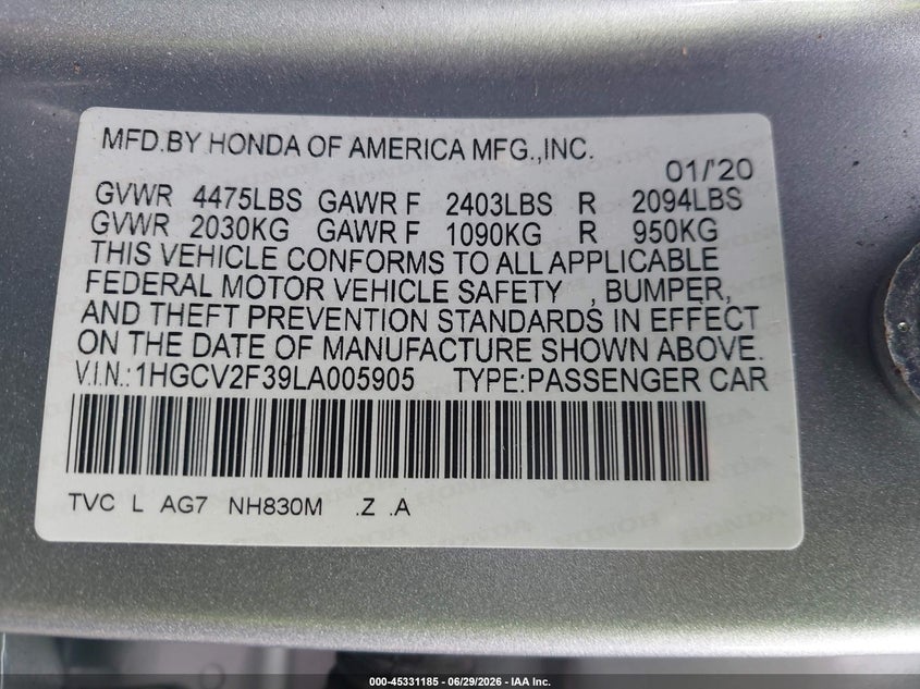 2020 Honda Accord VIN 1HGCV2F39LA005905 IAAI salvage auction — FRONT END, Salvage Title, sold $3,550 on 2026-08-22 (photo 9)