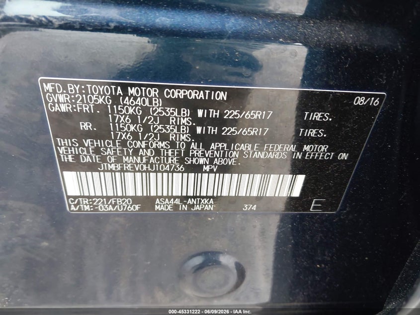 2017 Toyota Rav 4 VIN JTMBFREV0HJ104736 IAAI salvage auction — FRONT END, Salvage Title, sold $125 on 2026-07-22 (photo 9)