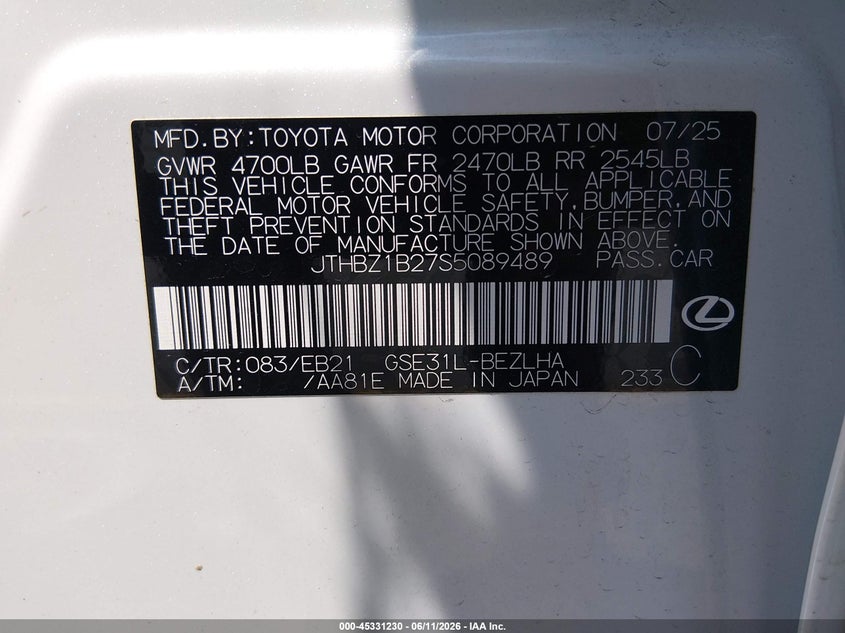 2025 Lexus Is VIN JTHBZ1B27S5089489 IAAI salvage auction — ENGINE DAMAGE, Clear (South Carolina), sold $16,600 on 2026-07-25 (photo 9)