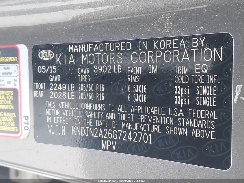 2016 Kia Soul VIN KNDJN2A26G7242701 IAAI salvage auction — NORMAL WEAR, Salvage Title, sold $750 on 2026-07-15 (photo 9)