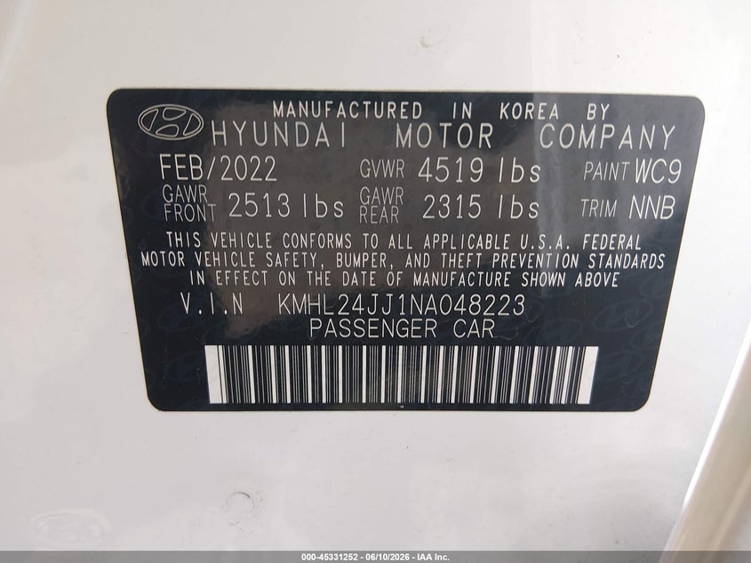 2022 Hyundai Sonata VIN KMHL24JJ1NA048223 IAAI salvage auction — FRONT END, Salvage Title, sold $3,250 on 2026-07-23 (photo 9)