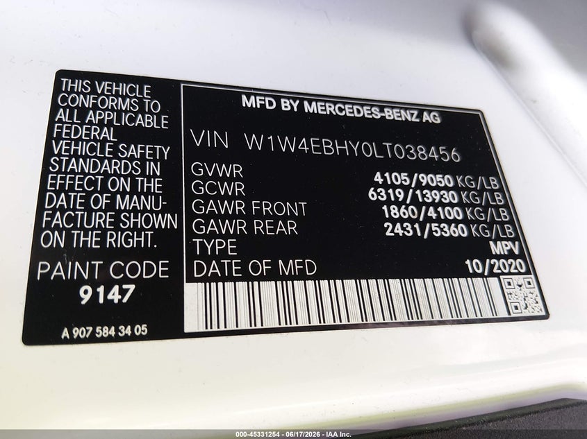 2020 Mercedes-benz Sprinter VIN W1W4EBHY0LT038456 IAAI salvage auction — HAIL, Salvage (Ohio), sold $14,900 on 2026-07-07 (photo 9)