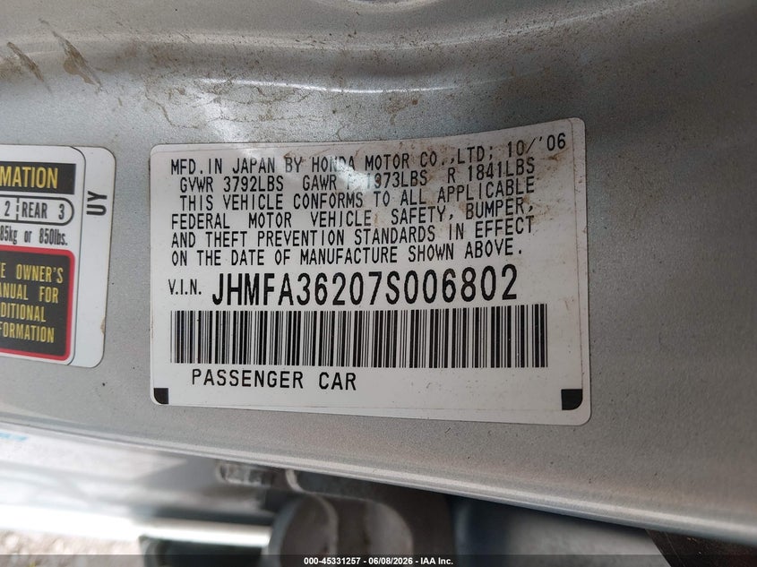 2007 Honda Civic VIN JHMFA36207S006802 IAAI salvage auction — SIDE, Clear (Indiana), sold $250 on 2026-07-19 (photo 9)
