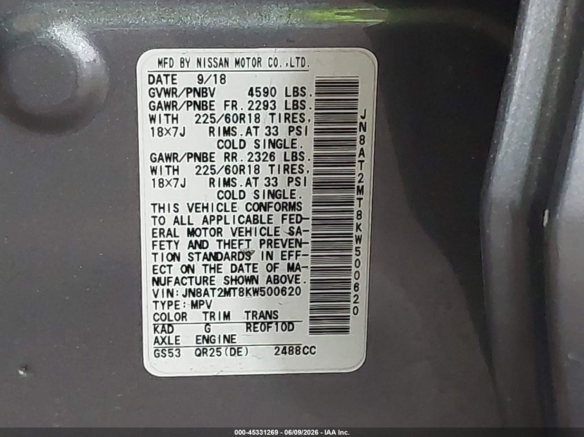 2019 Nissan Rogue VIN JN8AT2MT8KW500620 IAAI salvage auction — REAR END, Salvage Title, sold $1,950 on 2026-07-09 (photo 9)