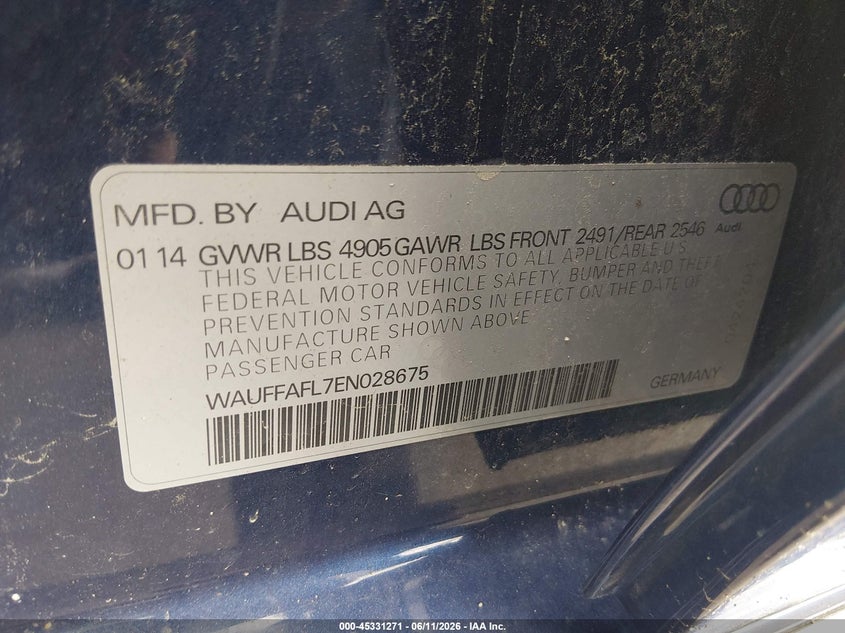 2014 Audi A4 VIN WAUFFAFL7EN028675 IAAI salvage auction — NORMAL WEAR, Original (Ohio), sold $700 on 2026-07-28 (photo 9)