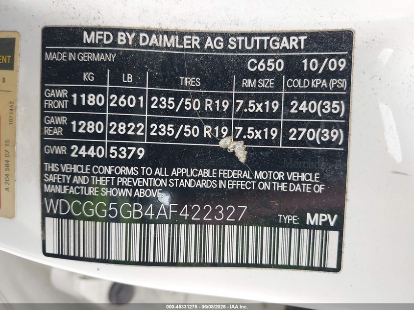 2010 Mercedes-benz Glk-class VIN WDCGG5GB4AF422327 IAAI salvage auction — FRONT END, Original (Texas), sold $1,025 on 2026-07-15 (photo 9)