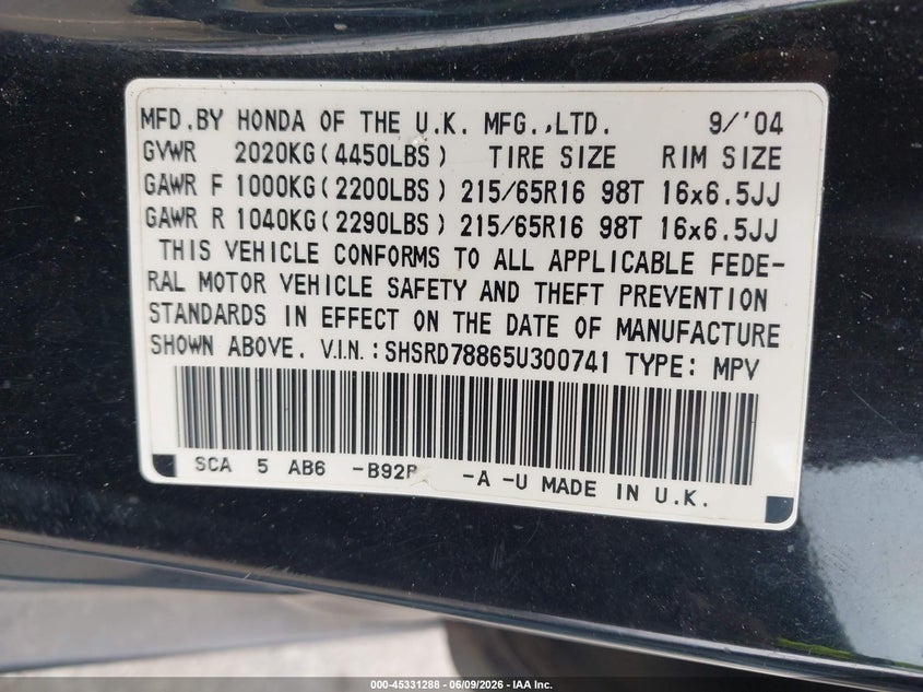2005 Honda Cr-v VIN SHSRD78865U300741 IAAI salvage auction — FRONT END, Salvage (North Carolina), sold $1,050 on 2026-07-13 (photo 9)