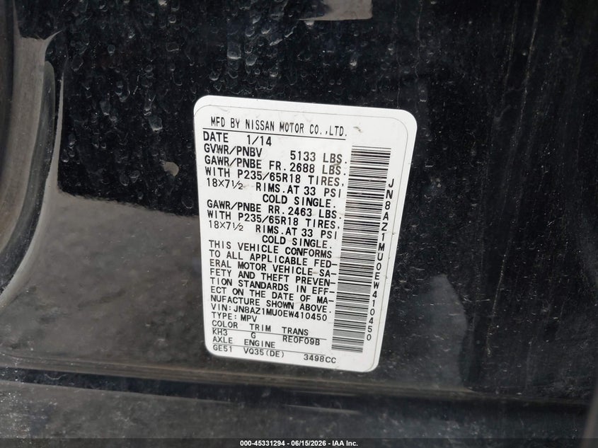 2014 Nissan Murano VIN JN8AZ1MU0EW410450 IAAI salvage auction — NORMAL WEAR, Clear (Montana), sold $25 on 2026-07-28 (photo 9)
