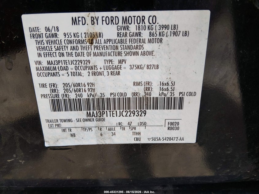 2018 Ford Ecosport VIN MAJ3P1TE1JC229329 IAAI salvage auction — LEFT FRONT, Salvage (Ohio), sold $650 on 2026-07-29 (photo 9)