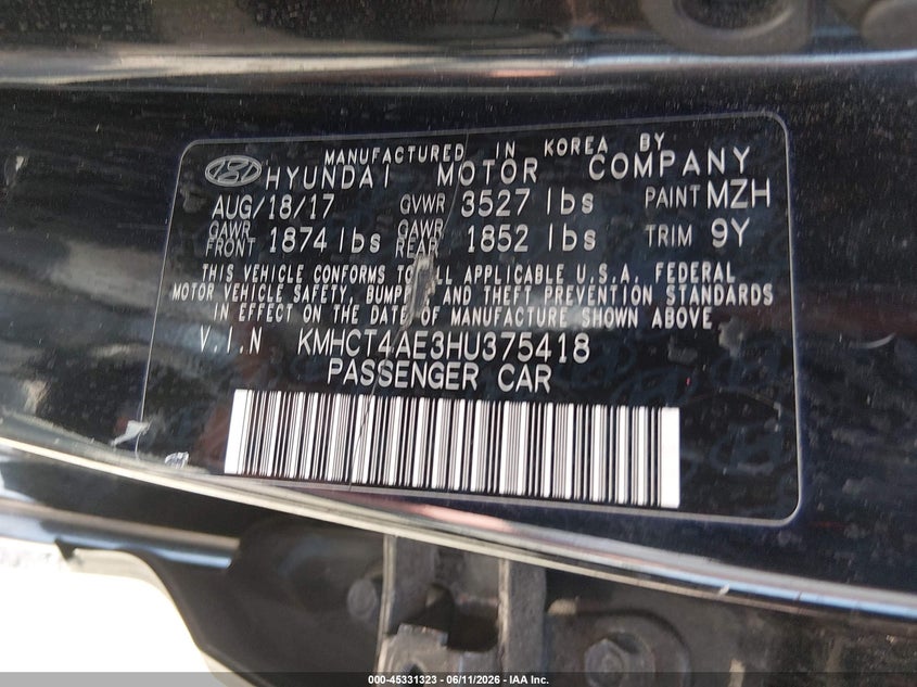 2017 Hyundai Accent VIN KMHCT4AE3HU375418 IAAI salvage auction — NORMAL WEAR, Clear (Massachusetts), sold $425 on 2026-07-10 (photo 9)