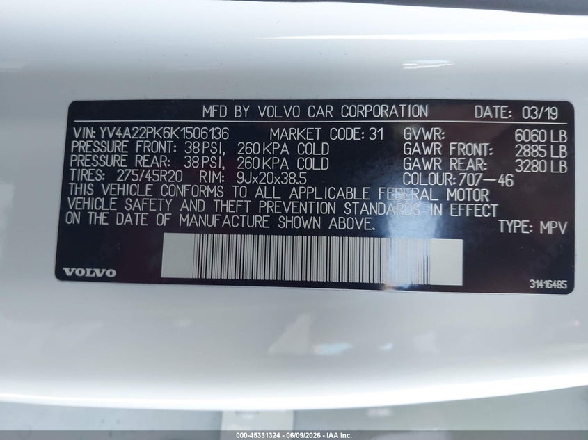2019 Volvo Xc90 VIN YV4A22PK6K1506136 IAAI salvage auction — REAR END, Salvage (California), sold $6,450 on 2026-07-30 (photo 9)