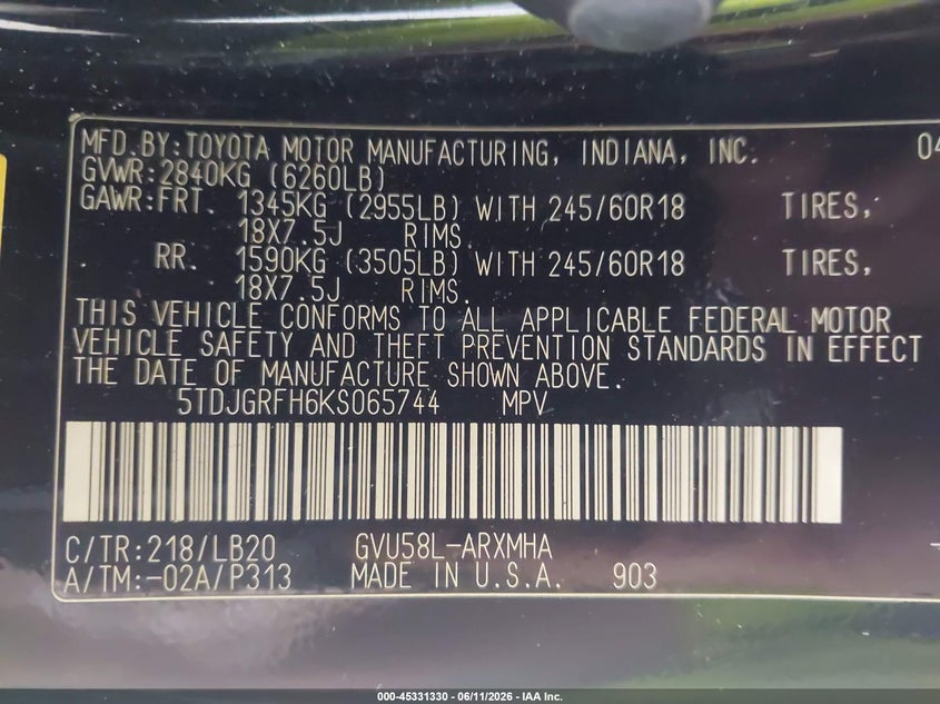 2019 Toyota Highlander VIN 5TDJGRFH6KS065744 IAAI salvage auction — RIGHT SIDE, Mv-907A (New York), sold $5,900 on 2026-07-08 (photo 9)