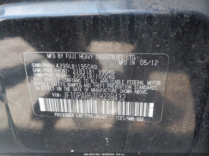 2012 Subaru Impreza VIN JF1GPAR67CH238432 IAAI salvage auction — NORMAL WEAR, Clear (New Jersey), sold $750 on 2026-07-13 (photo 9)