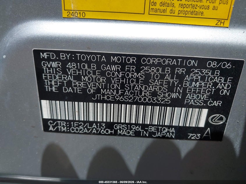 2007 Lexus Gs 350 VIN JTHCE96S270003325 IAAI salvage auction — NORMAL WEAR, Clear (New Jersey), sold $425 on 2026-07-09 (photo 9)