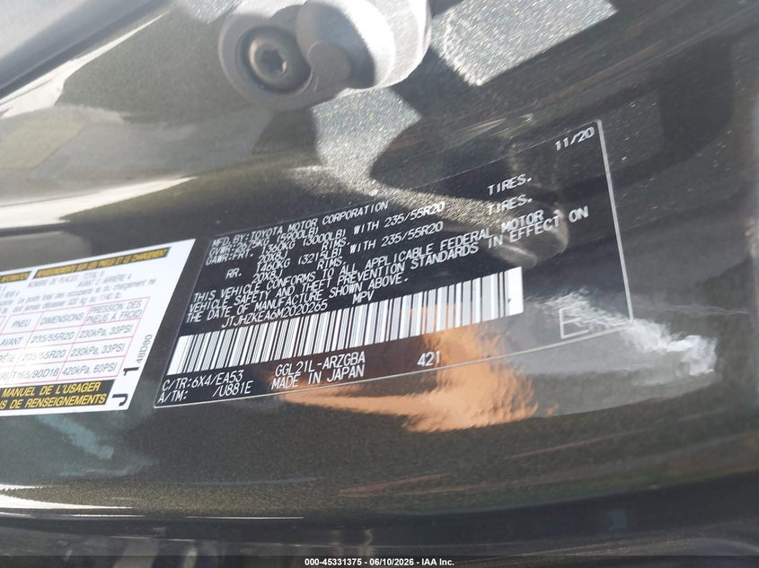 2021 Lexus Rx 350l VIN JTJHZKEA6M2020265 IAAI salvage auction — FRONT END, Salvage (California), sold $9,100 on 2026-07-08 (photo 9)