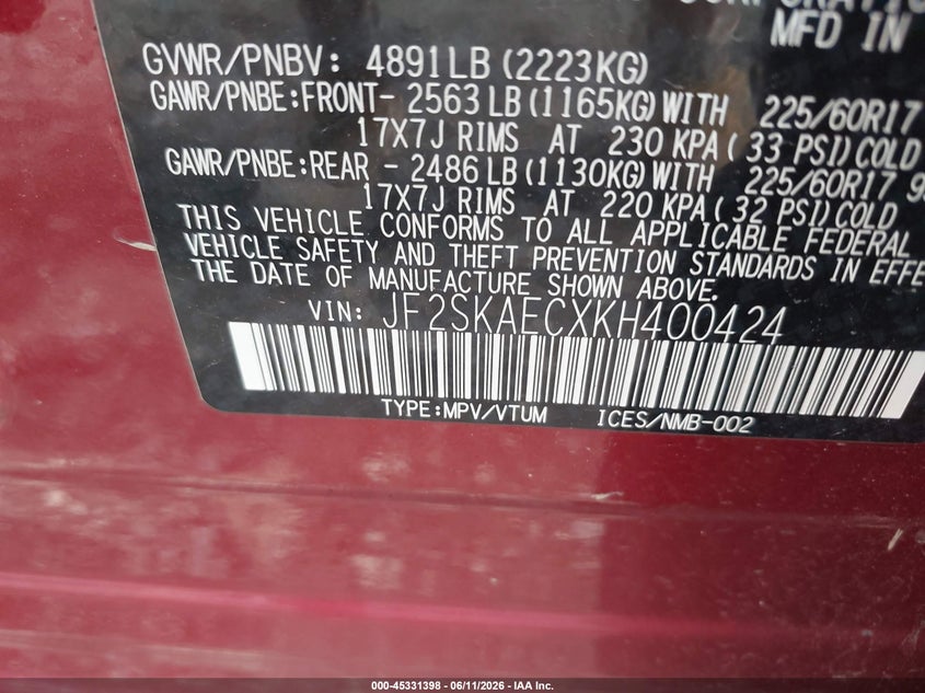 2019 Subaru Forester VIN JF2SKAECXKH400424 IAAI salvage auction — FRONT END, Mv-907A (New York), sold $225 on 2026-07-14 (photo 9)