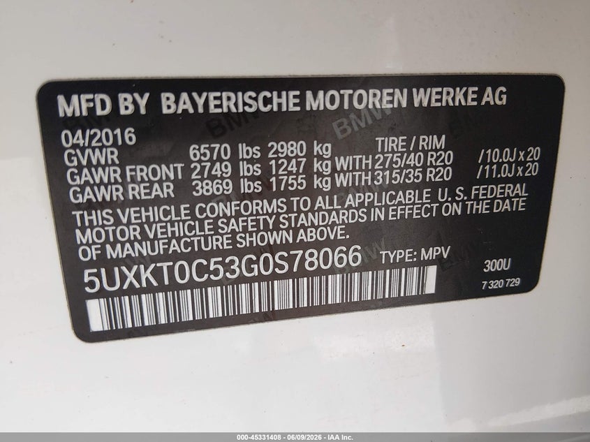 2016 BMW X5 VIN 5UXKT0C53G0S78066 IAAI salvage auction — NORMAL WEAR, Salvage Title, sold $6,300 on 2026-07-27 (photo 9)