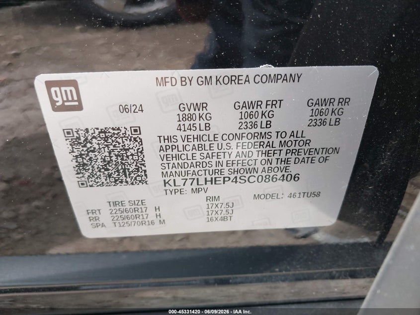 2025 Chevrolet Trax VIN KL77LHEP4SC086406 IAAI salvage auction — FRONT END, Salvage Title, sold $2,950 on 2026-07-21 (photo 9)