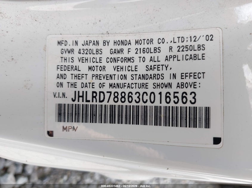 2003 Honda Cr-v VIN JHLRD78863C016563 IAAI salvage auction — FRONT END, Bill Of Sale (Washington), sold $325 on 2026-07-22 (photo 9)