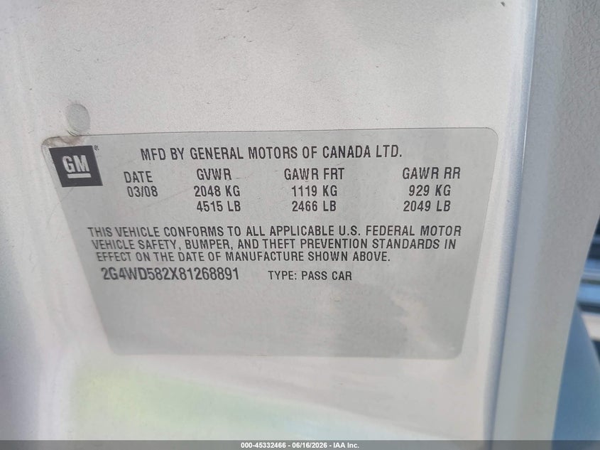 2008 Buick Lacrosse VIN 2G4WD582X81268891 IAAI salvage auction — SIDE, Salvage (Iowa), sold $550 on 2026-07-10 (photo 9)