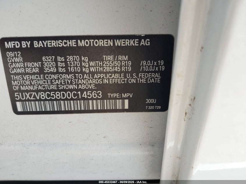 2013 BMW X5 VIN 5UXZV8C58D0C14563 IAAI salvage auction — ENGINE DAMAGE, Salvage Title, sold $2,350 on 2026-07-29 (photo 9)