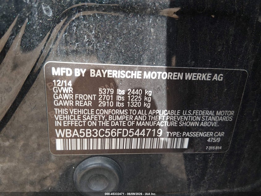 2015 BMW 5er VIN WBA5B3C56FD544719 IAAI salvage auction — FRONT END, Salvage Title, sold $350 on 2026-07-21 (photo 9)