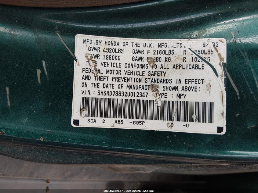 2002 Honda Cr-v VIN SHSRD78832U012347 IAAI salvage auction — NORMAL WEAR, Clear-Dealer Only (West Virginia), sold $175 on 2026-07-09 (photo 9)