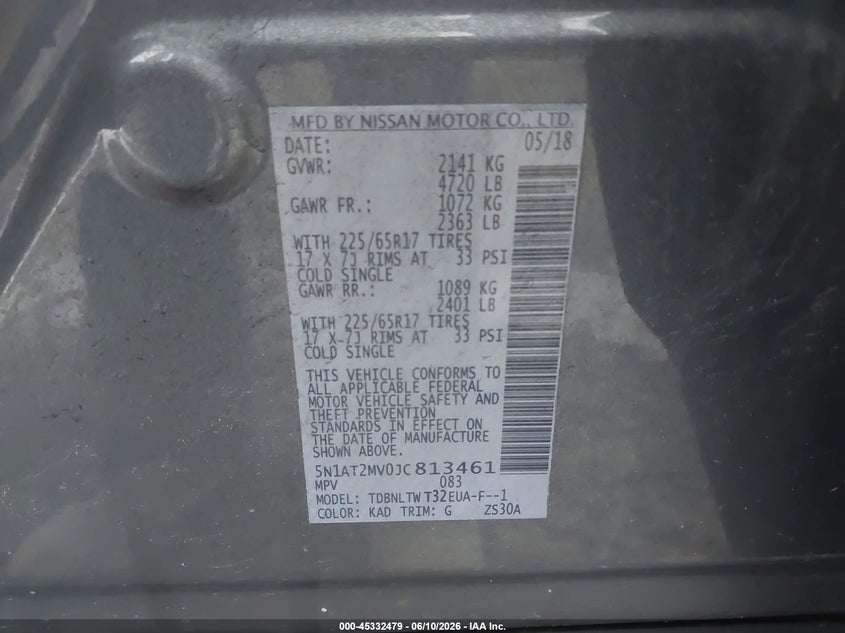 2018 Nissan Rogue VIN 5N1AT2MV0JC813461 IAAI salvage auction — FRONT END, Salvage Title, sold $3,100 on 2026-07-24 (photo 9)