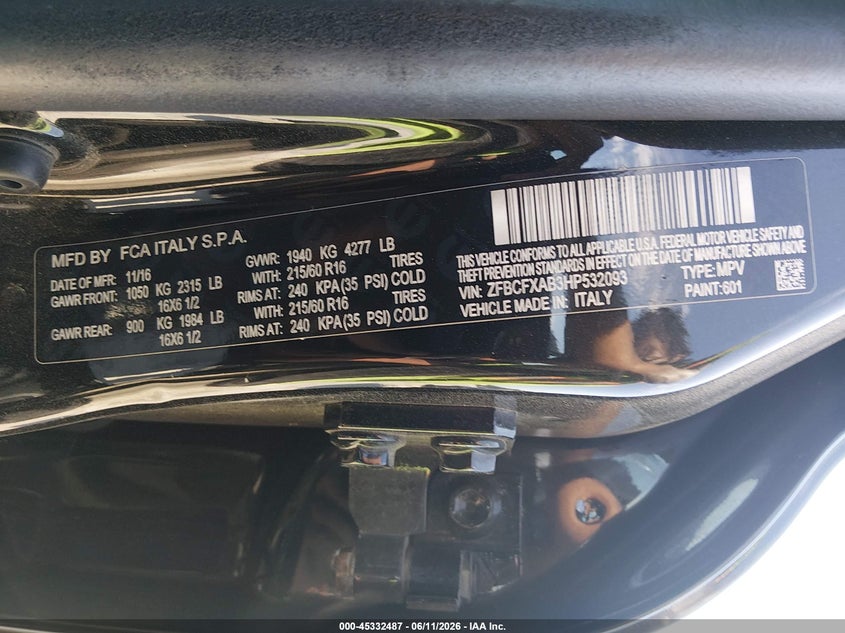 2017 Fiat 500x VIN ZFBCFXAB3HP532093 IAAI salvage auction — FRONT END, Salvage (Ohio), sold $400 on 2026-08-19 (photo 9)