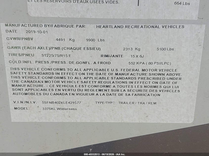 2020 Heartland Wilderness VIN 5SFNB402XLE429577 IAAI salvage auction — ROOF, Certificate Of Destruction (Florida), sold $1,225 on 2026-07-29 (photo 9)
