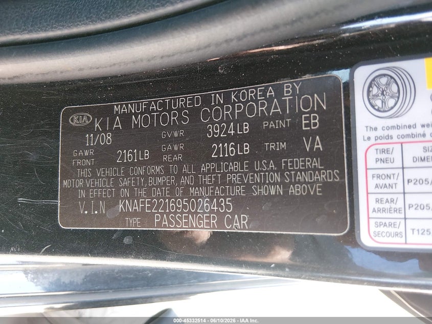 2009 Kia Spectra VIN KNAFE221695026435 IAAI salvage auction — FRONT END, Salvage (Georgia), sold $625 on 2026-07-17 (photo 9)