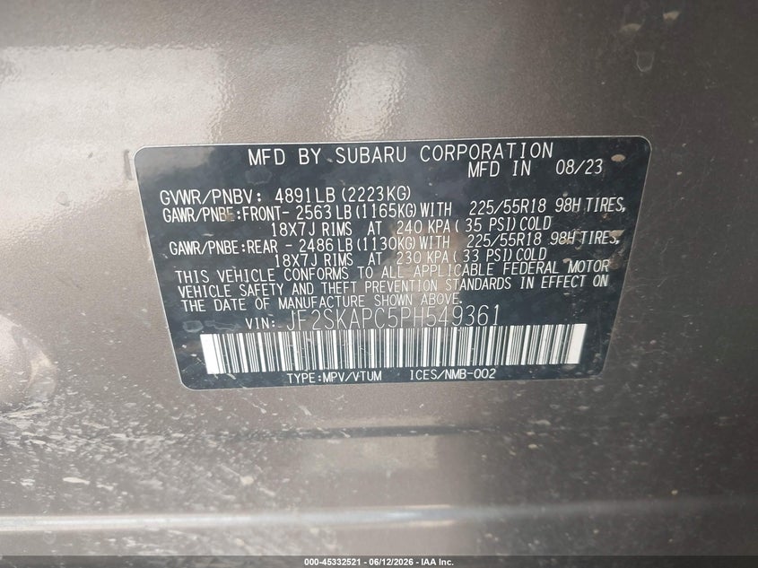 2023 Subaru Forester VIN JF2SKAPC5PH549361 IAAI salvage auction — SIDE, Salvage Title, sold $6,800 on 2026-07-26 (photo 9)