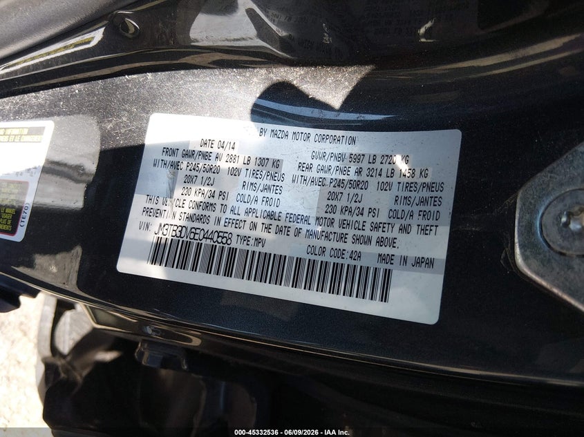 2014 Mazda Cx-9 VIN JM3TB3DV6E0440558 IAAI salvage auction — LEFT FRONT, Mv-907A (New York), sold $700 on 2026-07-29 (photo 9)