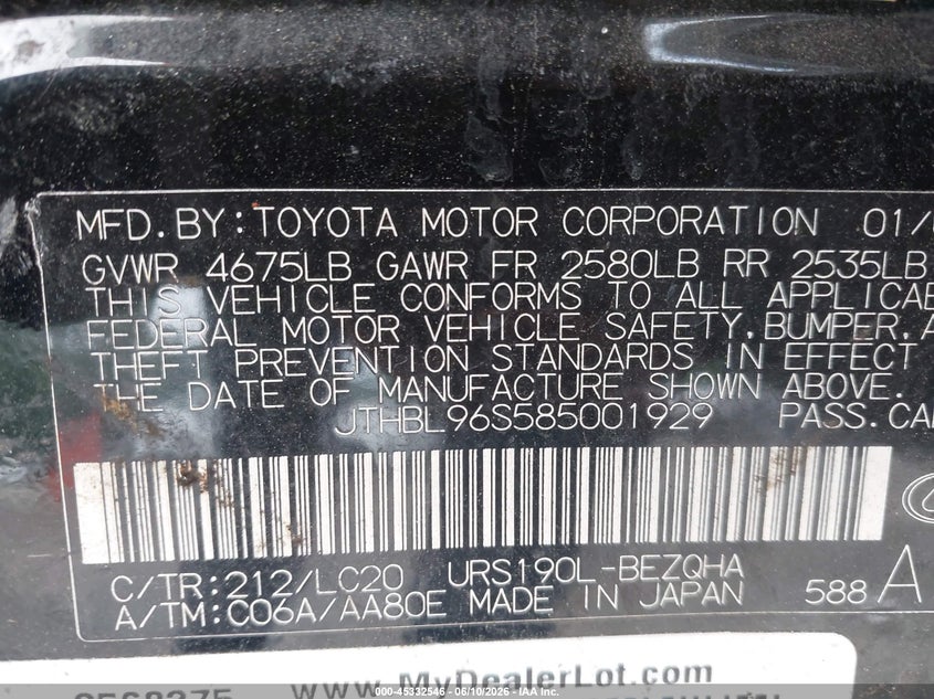 2008 Lexus Gs 460 VIN JTHBL96S585001929 IAAI salvage auction — LEFT SIDE, Salvage (Georgia), sold $475 on 2026-07-15 (photo 9)