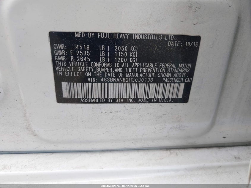 2017 Subaru LEGACY VIN 4S3BNAN62H3030138 IAAI salvage auction — REAR END, Salvage (Pennsylvania), sold $2,250 on 2026-07-30 (photo 9)