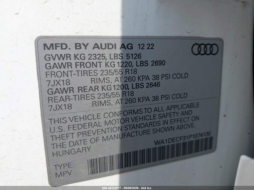 2023 Audi Q3 VIN WA1DECF31P1074130 IAAI salvage auction — FRONT END, Salvage (Michigan), sold $875 on 2026-07-27 (photo 9)