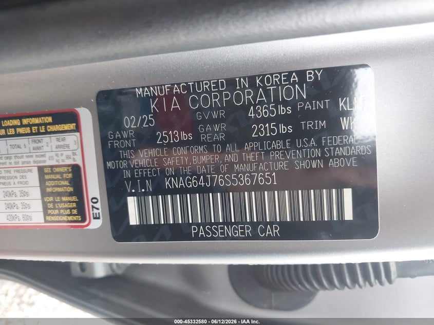 2025 Kia K5 VIN KNAG64J76S5367651 IAAI salvage auction — REAR END, Salvage Title, sold $13,100 on 2026-07-29 (photo 9)