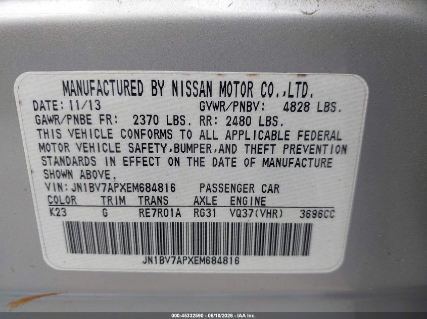 2014 Infiniti Q50 VIN JN1BV7APXEM684816 IAAI salvage auction — RIGHT FRONT, Mv-907A (New York), sold $400 on 2026-07-14 (photo 9)